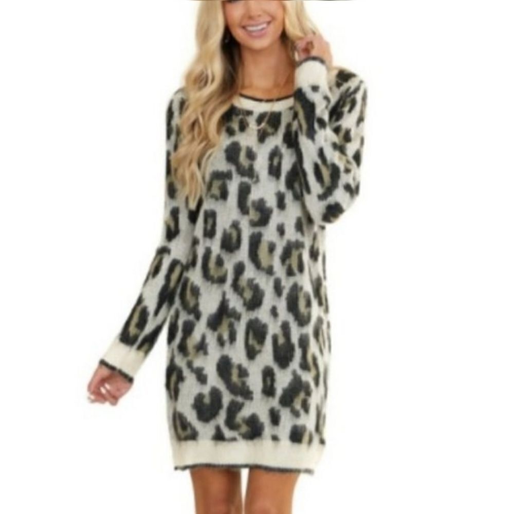 NEW Umgee Logan Animal Print Knit Sweater Dress Blavk Olive Off White Size Small
